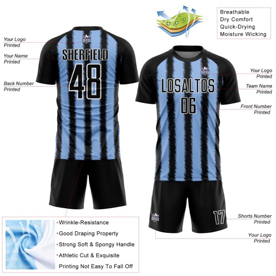 Schwarze Linie Uniform Hellblau-Weißes Trikot Benutzerdefinierte Fußball Sublimation