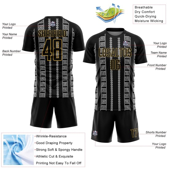Form Alte Geometrische Custom Gold-Weiß Fußball Jersey Uniform Schwarz Sublimation Form Alte Geometrische Custom Gold-Weiß Fußball Jersey Uniform Schwarz Sublimation