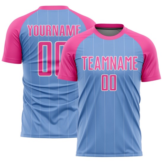 Fußballuniform Benutzerdefinierte Licht Sublimation Blau Rosa-Weiß Jersey Nadelstreifen Fußballuniform Benutzerdefinierte Licht Sublimation Blau Rosa-Weiß Jersey Nadelstreifen