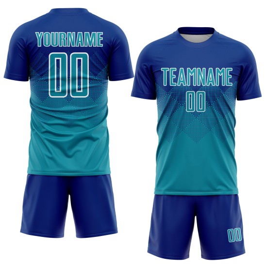 Sublimation Royal Uniform Teal-Weiß Custom Fußballtrikot Sublimation Royal Uniform Teal-Weiß Custom Fußballtrikot