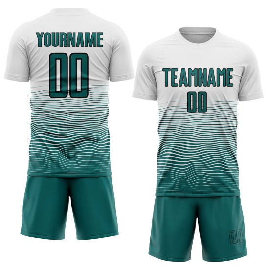Blaugrün-Schwarz Uniform Fußball Custom Sublimation Linie Weiß Gradienten Jersey