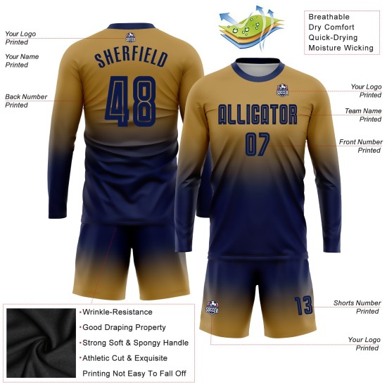 Sublimation Verblassen Lange Fußball Gold Uniform Navy Mode Jersey Hülse Alte