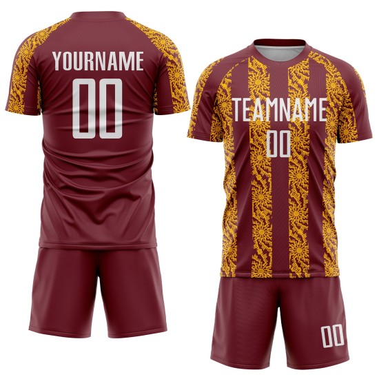 Burgunder Fußballform Benutzerdefiniertes Weiß-Gold-Trikot Abstrakte Uniform Sublimation Burgunder Fußballform Benutzerdefiniertes Weiß-Gold-Trikot Abstrakte Uniform Sublimation