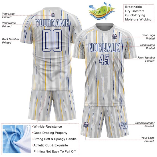 Weiß-Royal Jersey Nadelstreifen Uniform Custom Fußball Grau Sublimation Weiß-Royal Jersey Nadelstreifen Uniform Custom Fußball Grau Sublimation