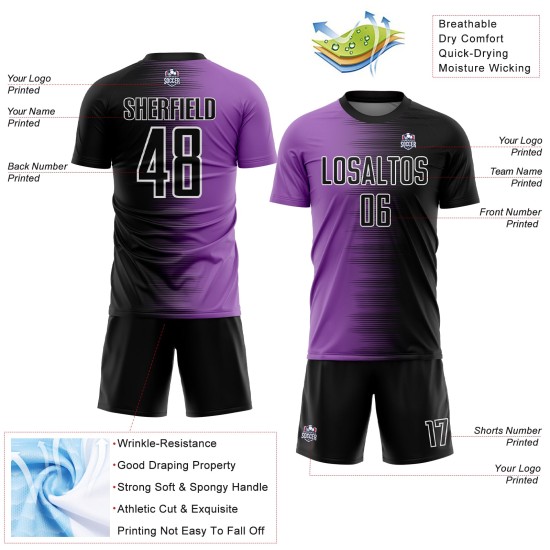 Lila-Weiß Gradient Sublimation Custom Schwarz Medium Jersey Fußball Linie Uniform