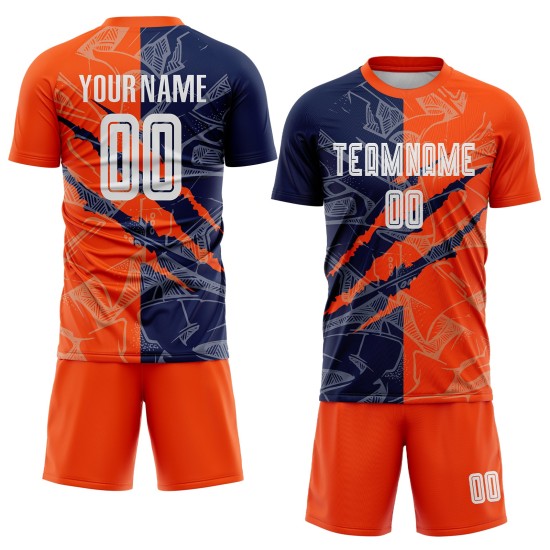 Jersey Custom Fußball Scratch Navy-Orange Graffiti Uniform Muster Sublimation Jersey Custom Fußball Scratch Navy-Orange Graffiti Uniform Muster Sublimation