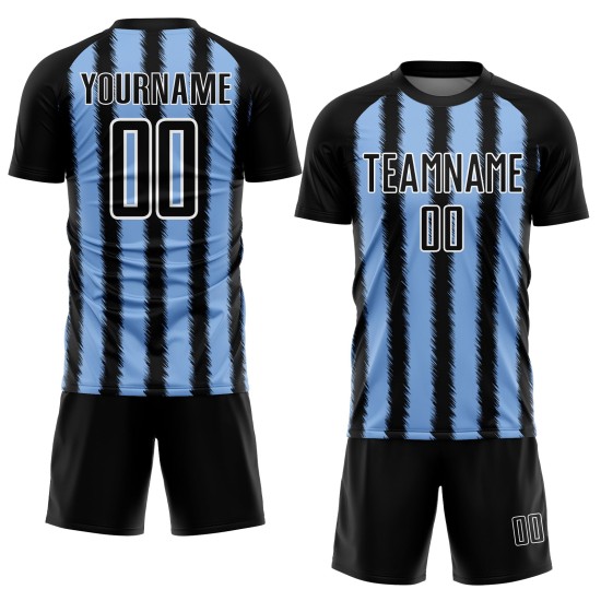 Schwarze Linie Uniform Hellblau-Weißes Trikot Benutzerdefinierte Fußball Sublimation