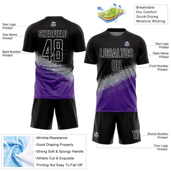 Jersey Uniform Schwarz Geometrische Fußball Form Benutzerdefinierte Gradienten Sublimation Grau-Lila Jersey Uniform Schwarz Geometrische Fußball Form Benutzerdefinierte Gradienten Sublimation Grau-Lila