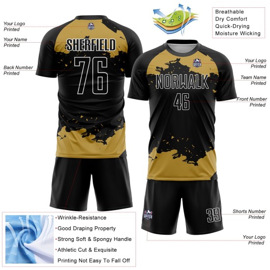 Gold-Weiß Sublimation Uniform Jersey Fußball Custom Abstrakte Fragment Kunst Schwarz Alt Gold-Weiß Sublimation Uniform Jersey Fußball Custom Abstrakte Fragment Kunst Schwarz Alt