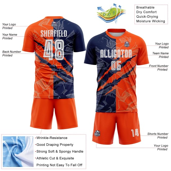 Jersey Custom Fußball Scratch Navy-Orange Graffiti Uniform Muster Sublimation Jersey Custom Fußball Scratch Navy-Orange Graffiti Uniform Muster Sublimation