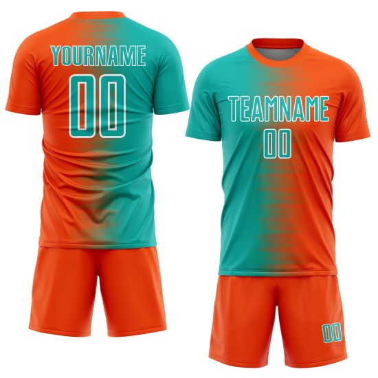 Uniform Aqua-Weiß Linie Benutzerdefinierte Orange Sublimation Gradienten Fußball Jersey