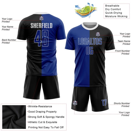 Schwarz Sublimation Split Custom Jersey Royal-Weiß Fashion Uniform Fußball