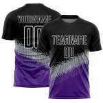 Jersey Uniform Schwarz Geometrische Fußball Form Benutzerdefinierte Gradienten Sublimation Grau-Lila Jersey Uniform Schwarz Geometrische Fußball Form Benutzerdefinierte Gradienten Sublimation Grau-Lila