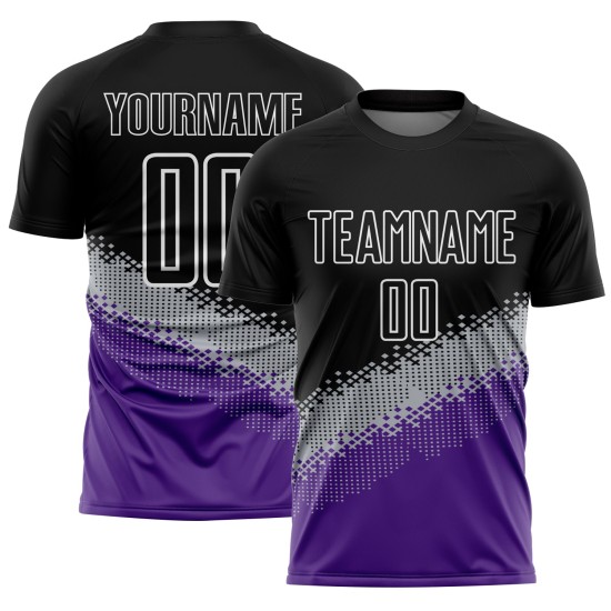 Jersey Uniform Schwarz Geometrische Fußball Form Benutzerdefinierte Gradienten Sublimation Grau-Lila Jersey Uniform Schwarz Geometrische Fußball Form Benutzerdefinierte Gradienten Sublimation Grau-Lila