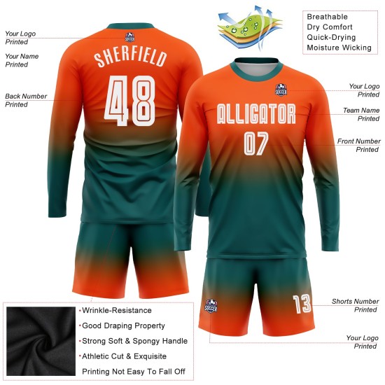 Fade Sleeve Long Jersey Fußball Custom Uniform Sublimation Orange Fashion Weiß-Blaugrün