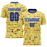 Benutzerdefiniertes Royal-Weiß-Gold Sublimations-Fußballtrikot für Auswärts