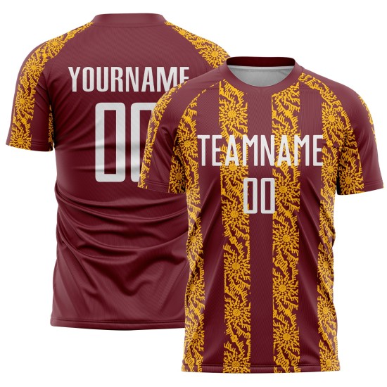 Burgunder Fußballform Benutzerdefiniertes Weiß-Gold-Trikot Abstrakte Uniform Sublimation Burgunder Fußballform Benutzerdefiniertes Weiß-Gold-Trikot Abstrakte Uniform Sublimation