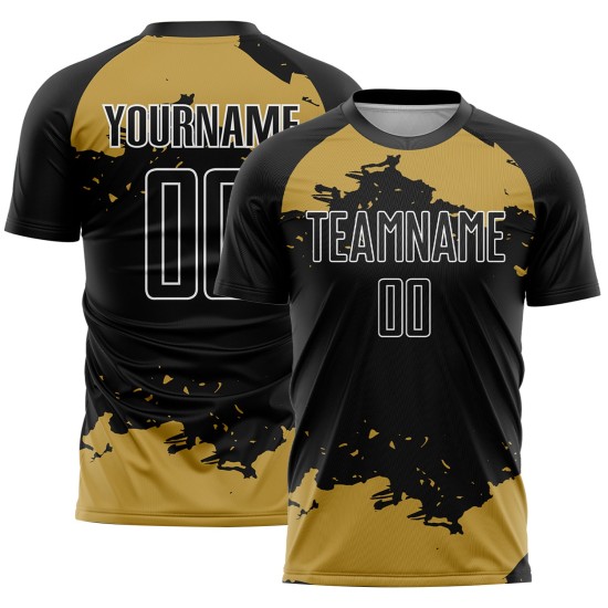 Gold-Weiß Sublimation Uniform Jersey Fußball Custom Abstrakte Fragment Kunst Schwarz Alt Gold-Weiß Sublimation Uniform Jersey Fußball Custom Abstrakte Fragment Kunst Schwarz Alt