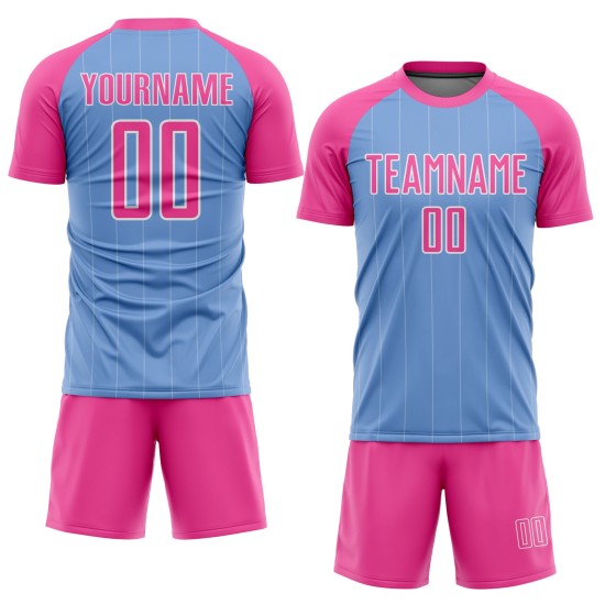 Fußballuniform Benutzerdefinierte Licht Sublimation Blau Rosa-Weiß Jersey Nadelstreifen Fußballuniform Benutzerdefinierte Licht Sublimation Blau Rosa-Weiß Jersey Nadelstreifen