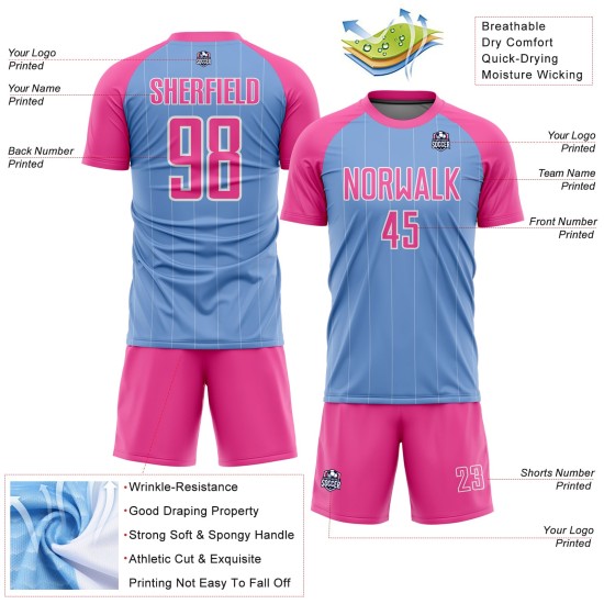 Fußballuniform Benutzerdefinierte Licht Sublimation Blau Rosa-Weiß Jersey Nadelstreifen Fußballuniform Benutzerdefinierte Licht Sublimation Blau Rosa-Weiß Jersey Nadelstreifen
