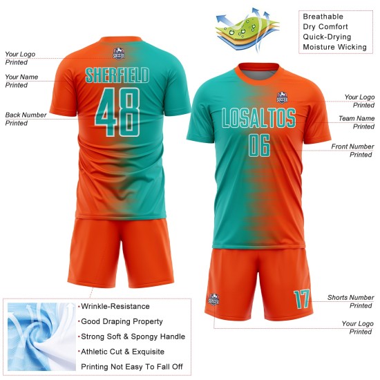 Uniform Aqua-Weiß Linie Benutzerdefinierte Orange Sublimation Gradienten Fußball Jersey