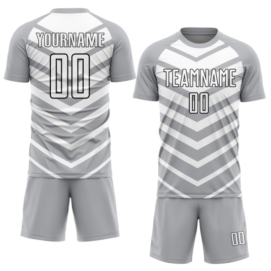Weiß-Schwarz Sublimation Fußball Pfeil Jersey Uniform Grau Formen Custom