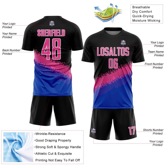 Fußball-Trikot mit Farbverlauf, Schwarz, Pink, Donnerblau, Sublimation, benutzerdefinierte, einheitliche geometrische Form Fußball-Trikot mit Farbverlauf, Schwarz, Pink, Donnerblau, Sublimation, benutzerdefinierte, einheitliche geometrische Form